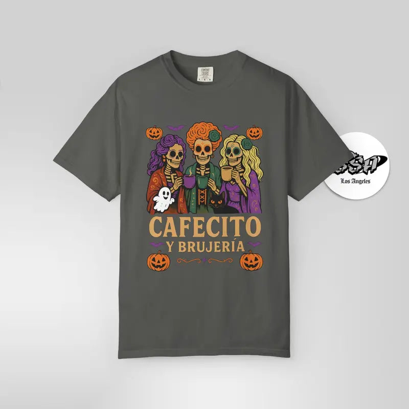 Cafecito y Brujería Halloween T-Shirt - Fitted Unisex Short Sleeve Crew Neck Tee for Coffee Lovers
