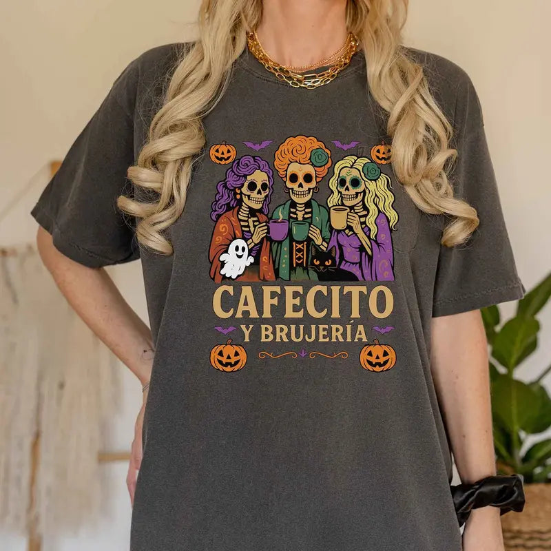 Cafecito y Brujería Halloween T-Shirt - Fitted Unisex Short Sleeve Crew Neck Tee for Coffee Lovers