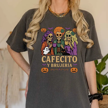 Cafecito y Brujería Halloween T-Shirt - Fitted Unisex Short Sleeve Crew Neck Tee for Coffee Lovers