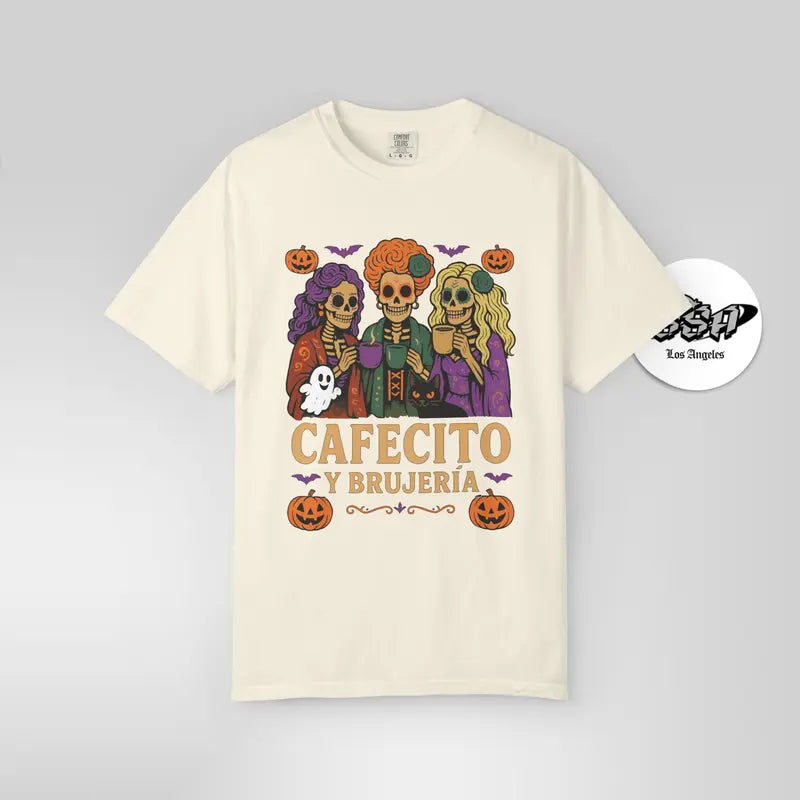 Cafecito y Brujería Halloween T-Shirt - Fitted Unisex Short Sleeve Crew Neck Tee for Coffee Lovers
