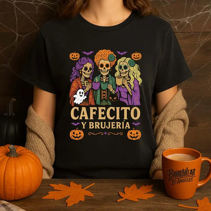 Cafecito y Brujería Halloween T-Shirt - Fitted Unisex Short Sleeve Crew Neck Tee for Coffee Lovers