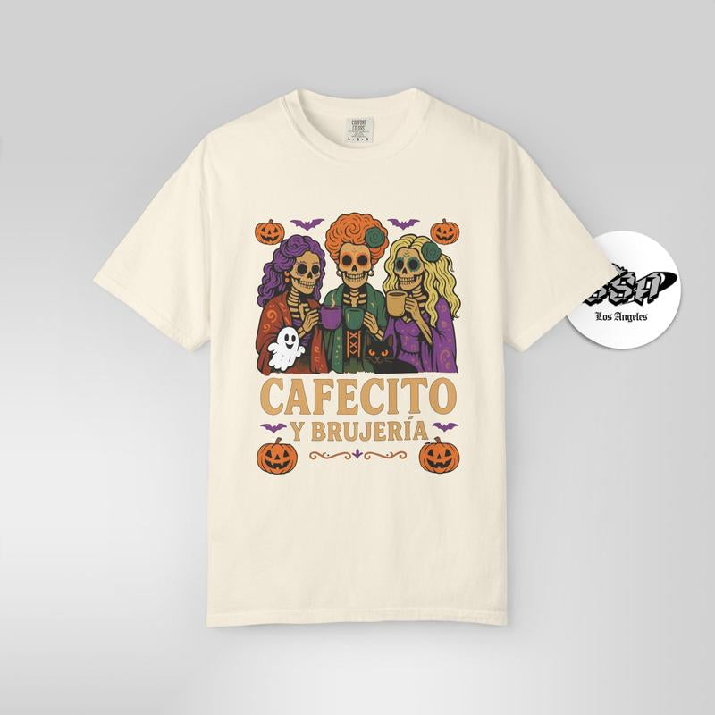 Cafecito y Brujería Halloween T-Shirt - Fitted Unisex Short Sleeve Crew Neck Tee for Coffee Lovers