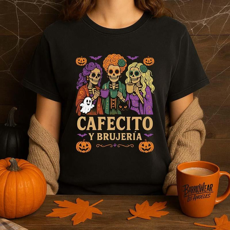 Cafecito y Brujería Halloween T-Shirt - Fitted Unisex Short Sleeve Crew Neck Tee for Coffee Lovers