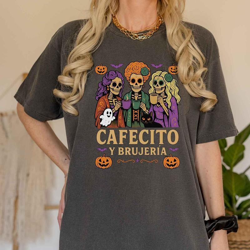 Cafecito y Brujería Halloween T-Shirt - Fitted Unisex Short Sleeve Crew Neck Tee for Coffee Lovers