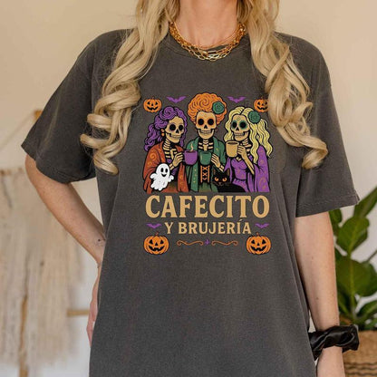 Cafecito y Brujería Halloween T-Shirt - Fitted Unisex Short Sleeve Crew Neck Tee for Coffee Lovers